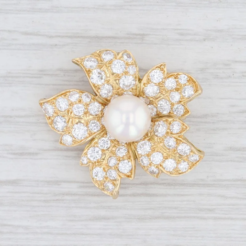 winter brooches for women-2.25ctw VVS Diamond & Pearl Flower Brooch 18k Yellow Gold Floral Statement Pin