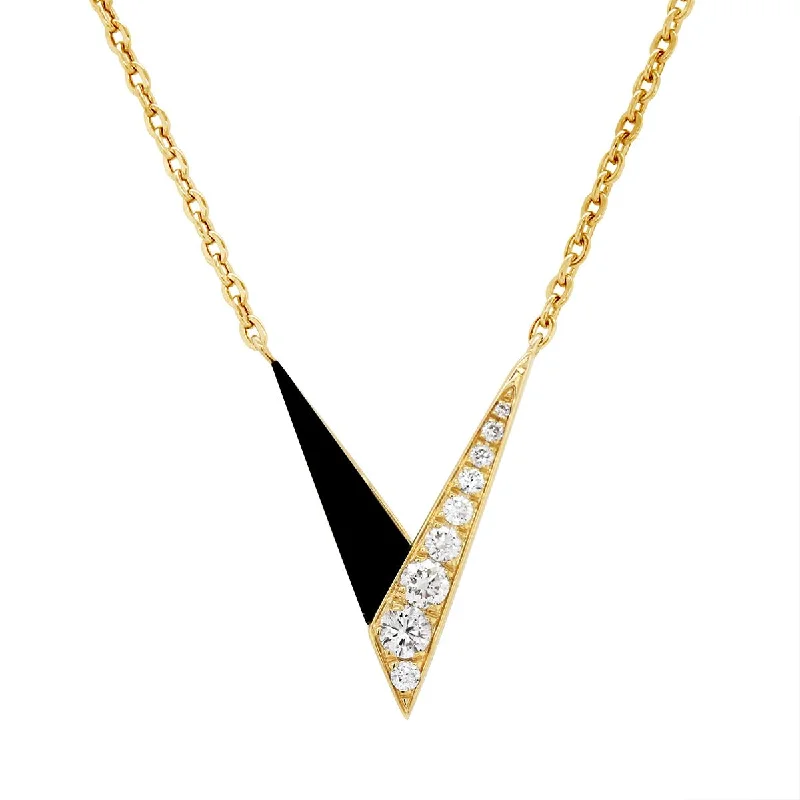 pearl necklaces for women-YELLOW GOLD V SHAPED PENDANT WITH BLACK ONYX AND DIAMONDS, .21 CT TW