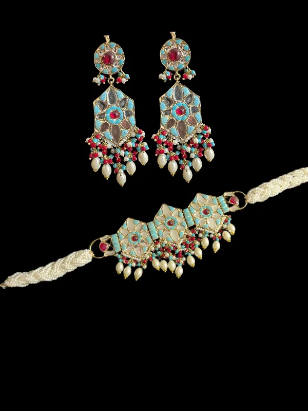 designer earrings for women-C528 Zaria turquoise ruby choker with earrings ( READY TO SHIP )