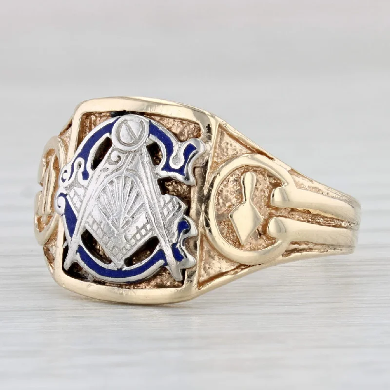 white gold engagement rings for women-Vintage Masonic Insignia Ring 14k Gold Blue Lodge Square Compass Working Tools