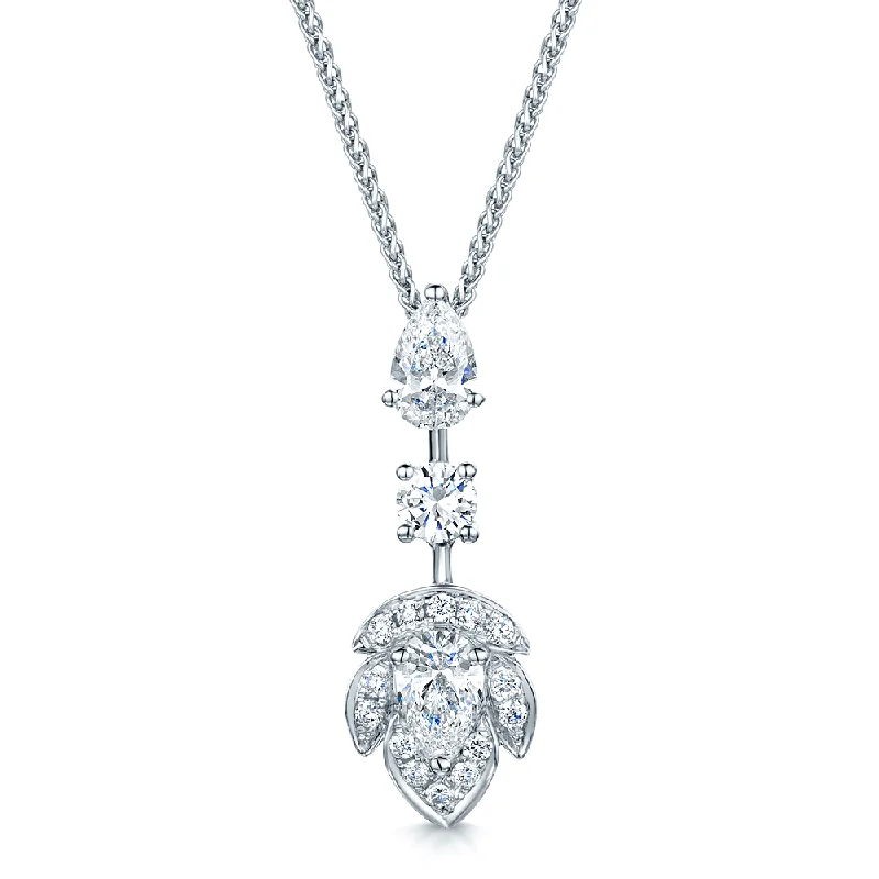 engraved necklaces for women-18ct White Gold Art Deco Style Leaf Design Diamond Pendant