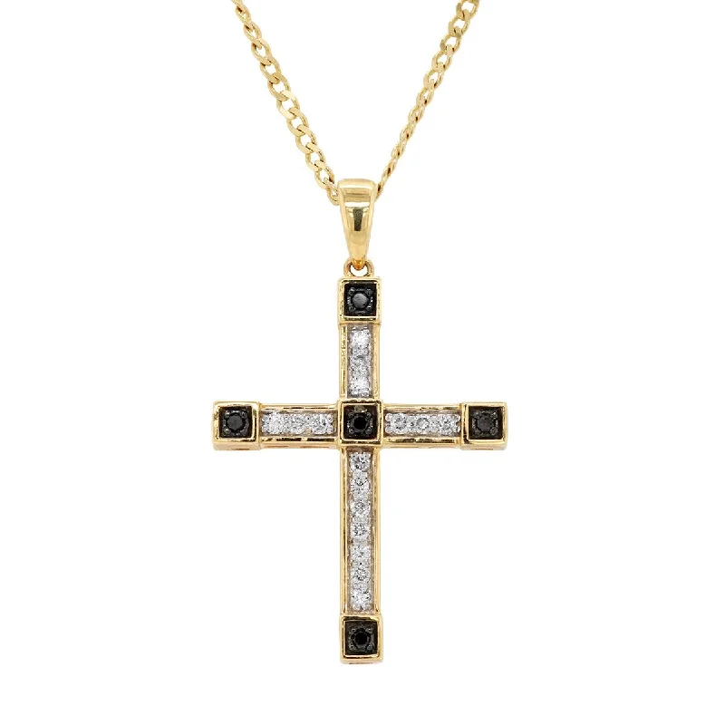 religious necklaces for women-YELLOW GOLD CROSS PENDANT WITH BLACK AND WHITE DIAMONDS, 3/8 CT TW