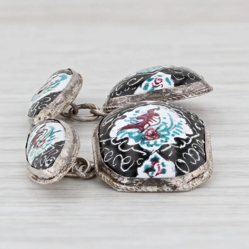 modern engagement rings for women-Vintage Ornate Enamel Cufflinks Sterling Silver Floral Suit Accessories