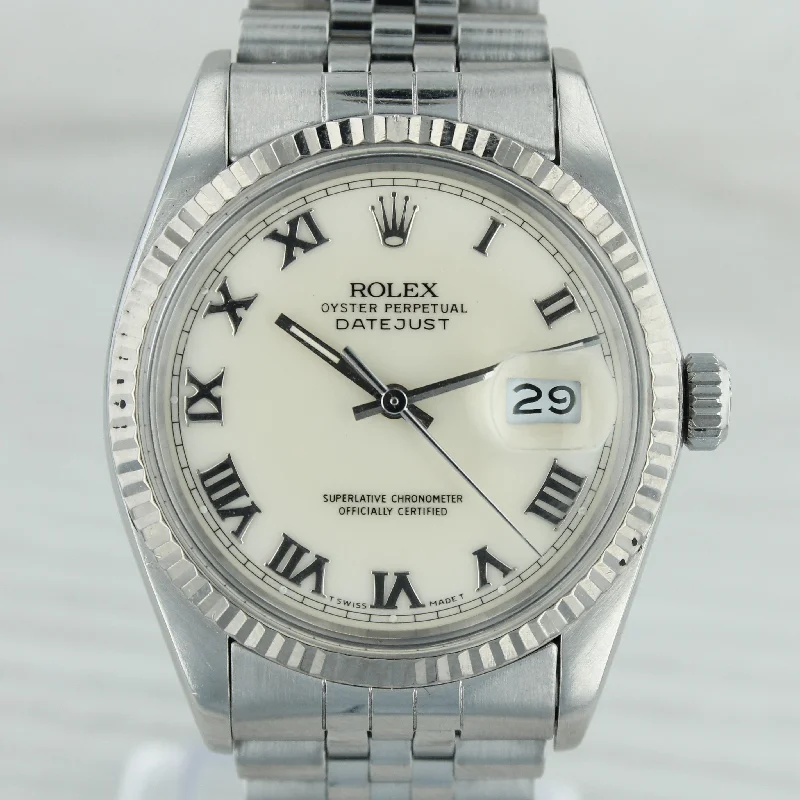 affordable engagement rings for women-1986 Rolex Datejust 16014 Mens 36mm Steel Automatic Watch Jubilee Roman Cream