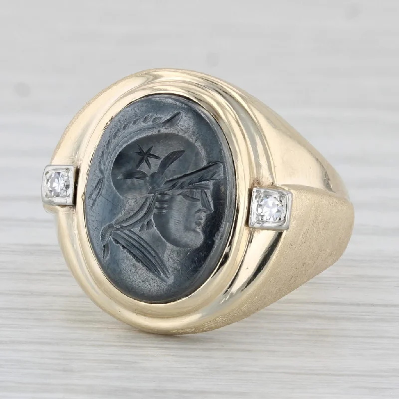 radiant-cut engagement rings for women-Vintage Hematite Intaglio Ring Diamonds 10k Gold Size 9.5 Men's Signet