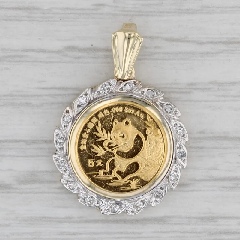 sapphire and diamond engagement rings for women-1991 Chinese Panda Coin Pendant Diamond Bezel 14k 999 Yellow Gold 5 Yuan