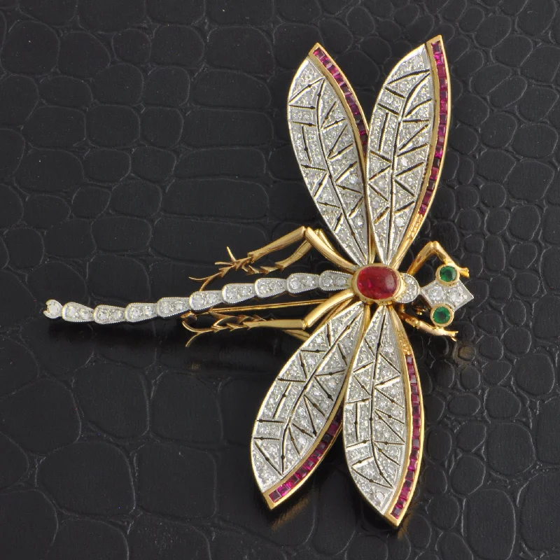 rose gold brooches for women-Antique Edwardian Platinum and Yellow Gold Dragonfly Brooch