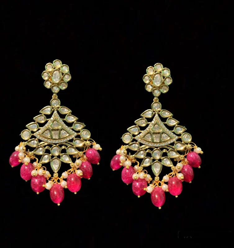 adjustable earrings for women-DER220 ruby earrings with polki and pearls ( READY TO SHIP )