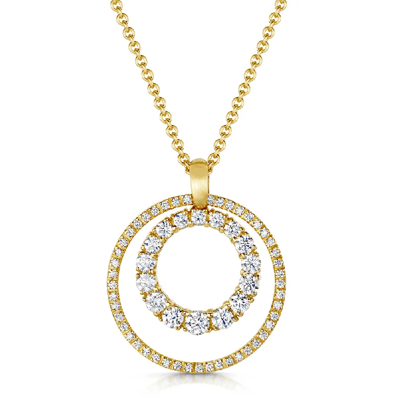 long pendant necklaces for women-18ct Yellow Gold Round Brilliant Cut Diamond Double Circle Pendant