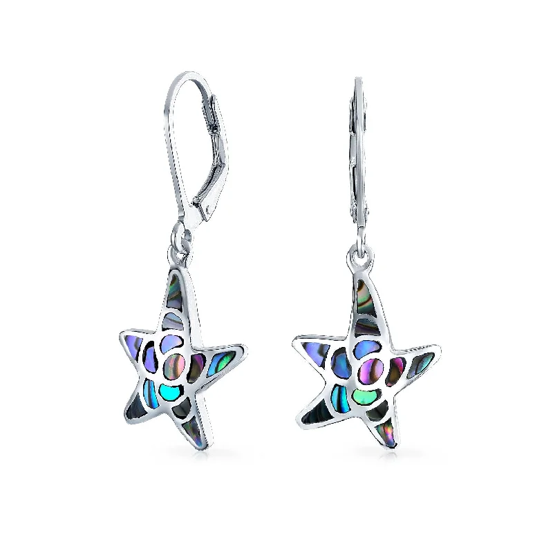 birthday gift earrings for women-Nautical Starfish Dangle Earrings with Abalone Shell Inlay Sterling Silver Lever Back