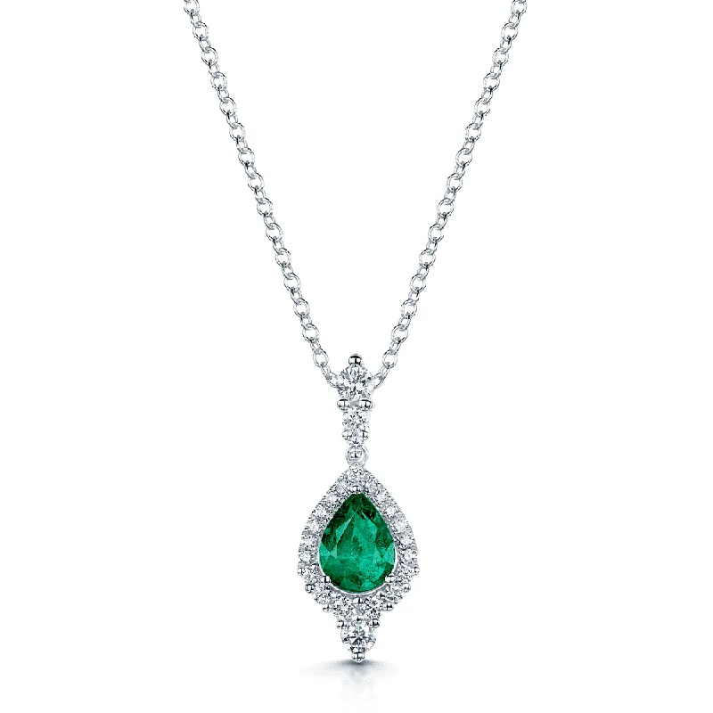 ruby necklaces for women-18ct White Gold Pear Shaped Emerald And Diamond Vintage Halo Pendant