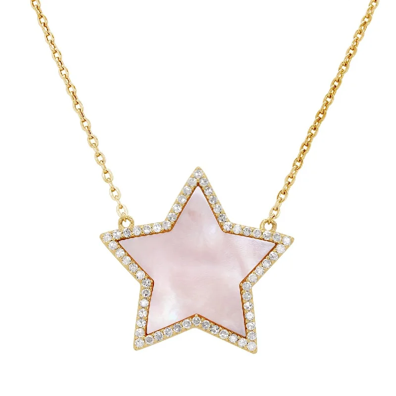 modern necklaces for women-YELLOW GOLD STAR PENDANT WITH MOTHER OF PEARL AND DIAMONDS, .36 CT TW