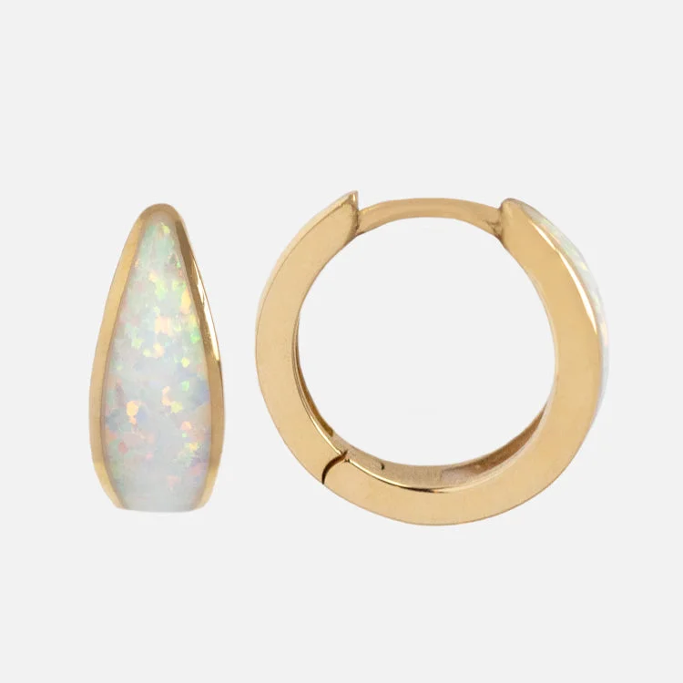 luxury pearl earrings for women-Solid Gold Chunky Opal Inlay Huggie Hoops