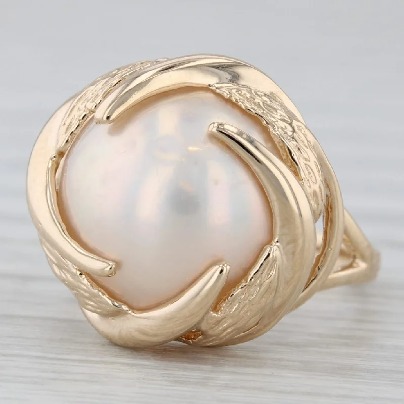 unique engagement rings for women-Cultured Mabe Pearl Solitaire Ring 14k Yellow Gold Size 6.75 Floral