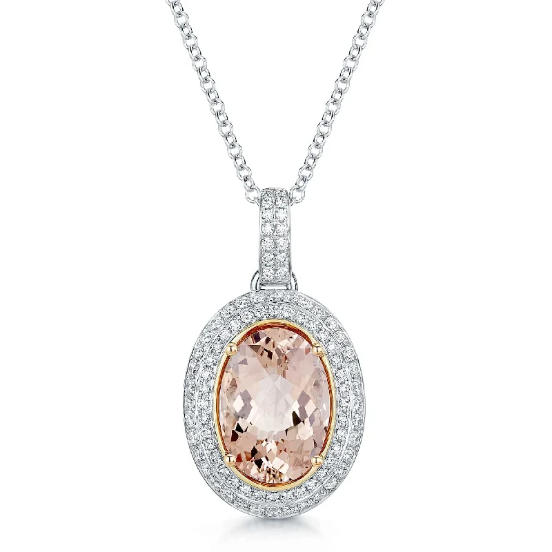 simple necklaces for women-18ct White Gold Oval Morganite & Diamond Double Halo Pendant