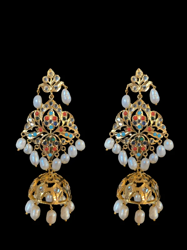 butterfly earrings for women-DER95 Lina earrings in fresh water pearls - navratan  ( READY TO SHIP )