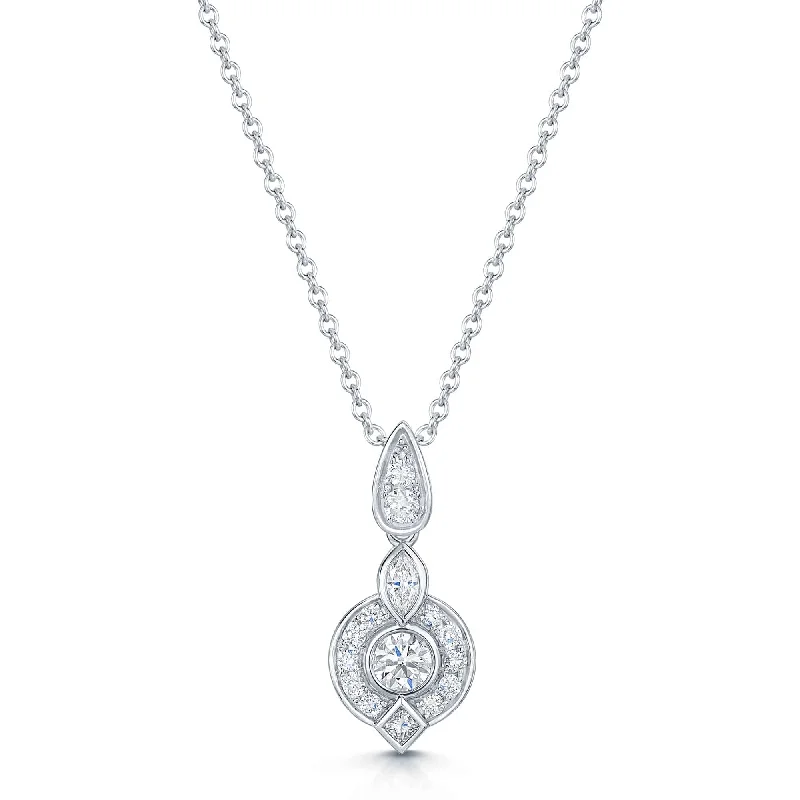 wedding necklaces for women-18ct White Gold Vintage Style Diamond Pendant