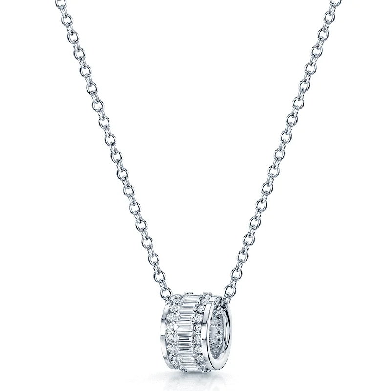 moon necklaces for women-18ct White Gold Baguette and Round Brilliant Cut Diamond Barrel Style Pendant