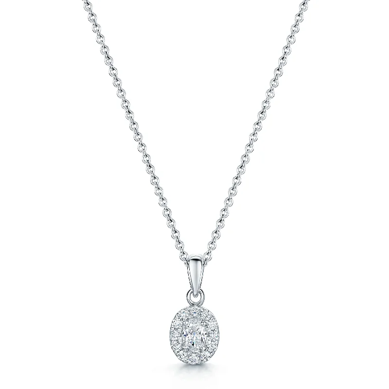 cross necklaces for women-18ct White Gold Oval Cut Diamond Halo Drop Pendant