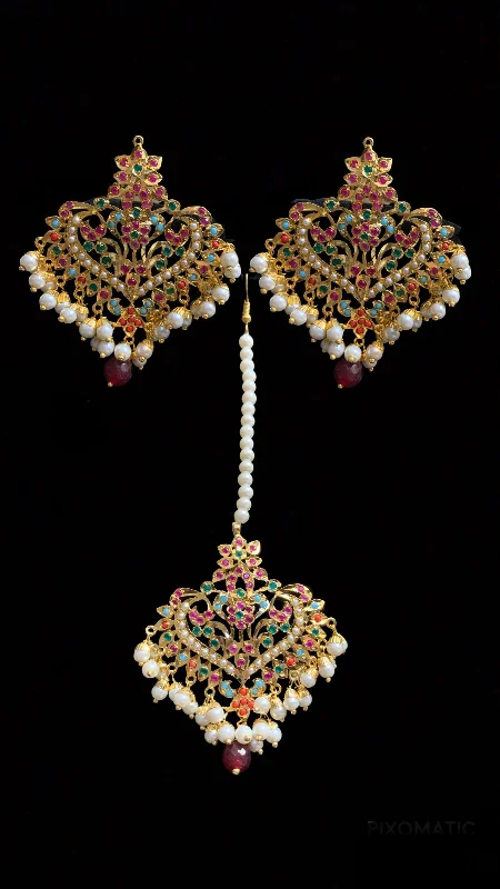 sapphire drop earrings for women-DJET102 Afreen Navratan earrings  tika ( READY TO SHIP  )