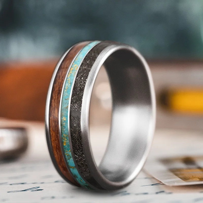 titanium wedding rings for women-Custom Design - 3-Inlay Narrow Center HEG-zutlRC6qsqDZ5F3tQ90F