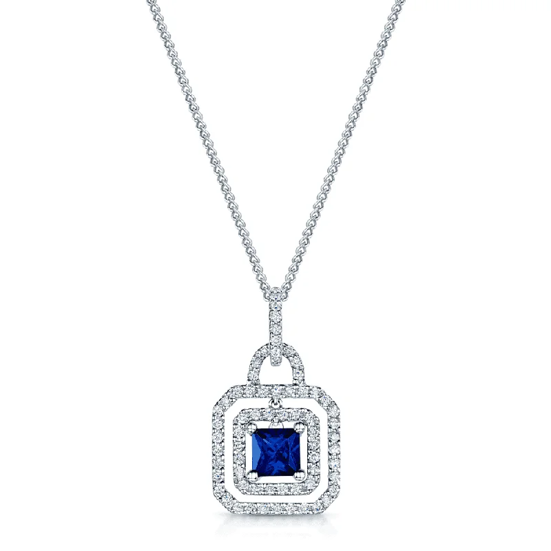 luxury necklaces for women-18ct White Gold Diamond Double Halo &  Blue Square Sapphire Pendant