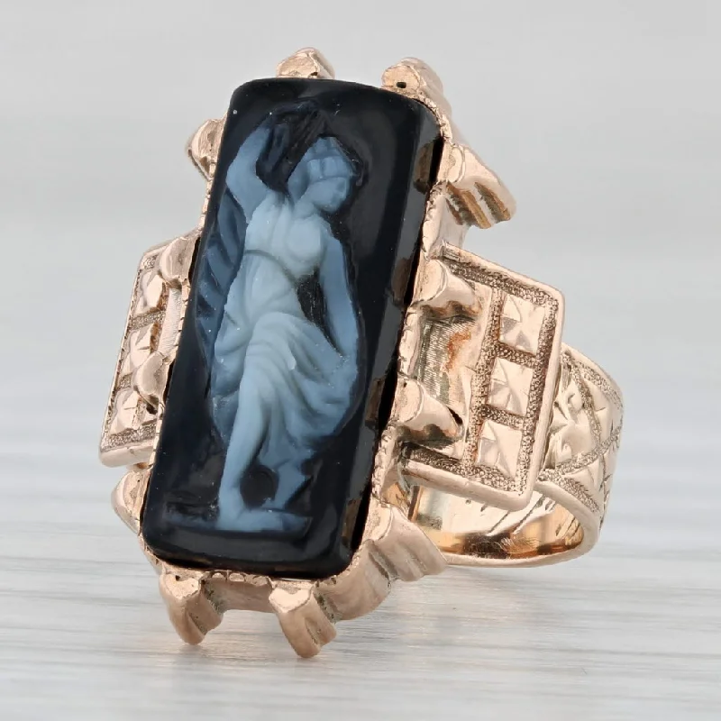 sapphire engagement rings with diamonds for women-Victorian Carved Figural Black White Chalcedony Cameo Ring 10k Gold Size 4.5