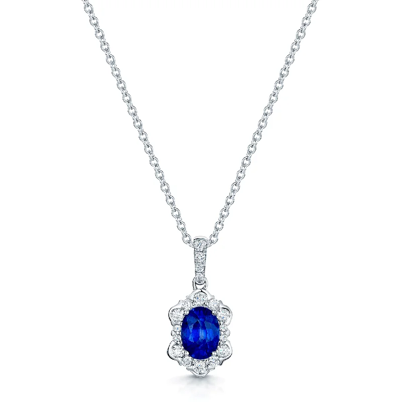 unique pendant necklaces for women-18ct White Gold Oval Sapphire And Diamond Fancy Cluster Pendant