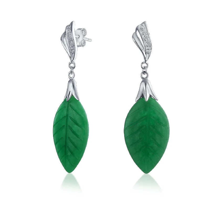 silver and gold earrings for women-Native American Carved Leaf Green Dangle Gemstone Earrings in Sterling Silver