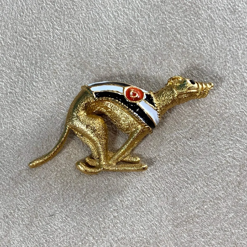 trendy brooches for women-Greyhound BroochEnamel Black and white Number 6 gold plated by Sardi