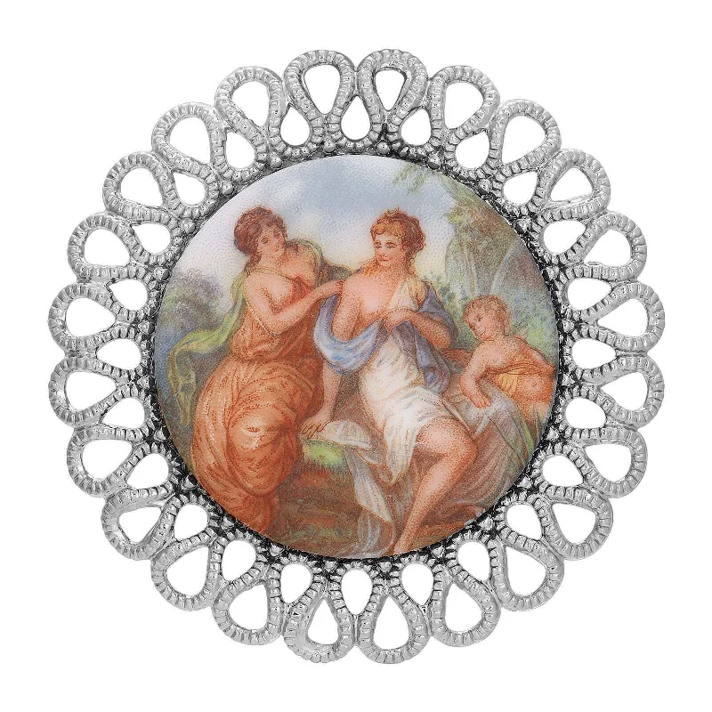 animal brooches for women-1928 Jewelry Round Rubenesque Glass Decal Brooch