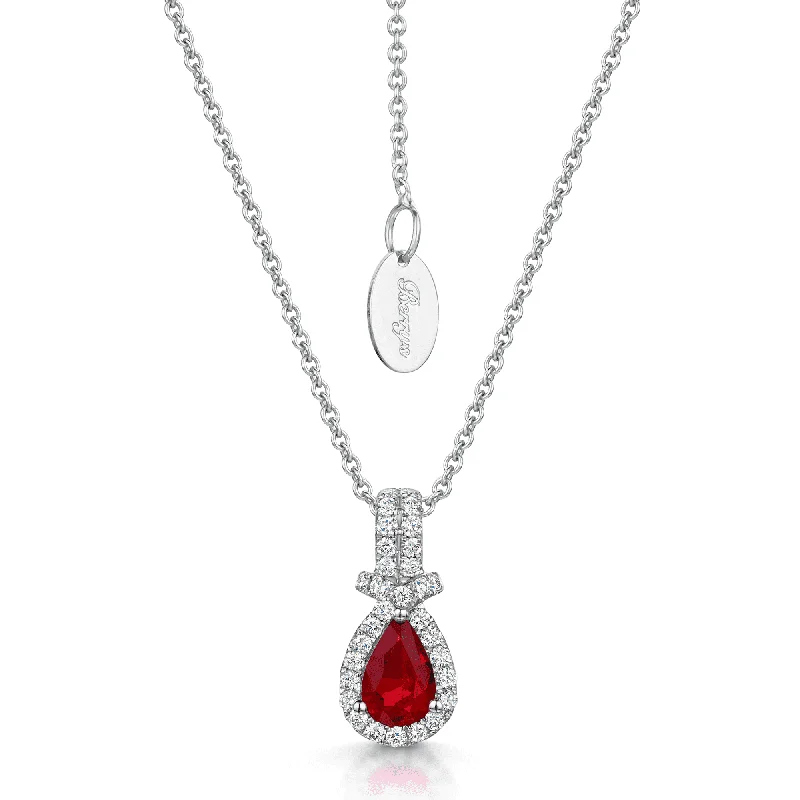 long pendant necklaces for women-18ct White Gold Pear Cut Ruby And Double Diamond Halo Fancy Surround Pendant