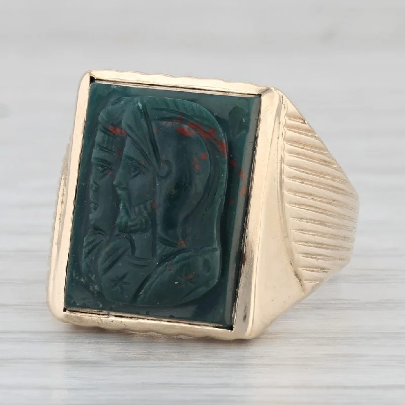 split shank engagement rings for women-Vintage Bloodstone Carved Soldier Cameo Ring 10k Yellow Gold Size 8.5