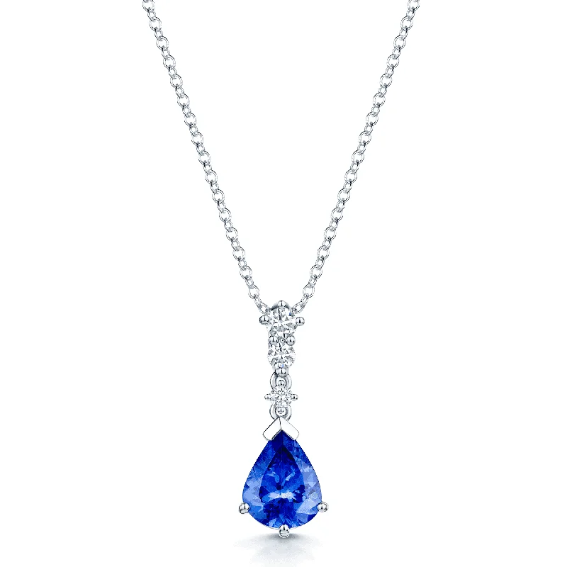 love necklaces for women-18ct White Gold Round Brilliant Cut Diamond And Pear Cut Tanzanite Pendant