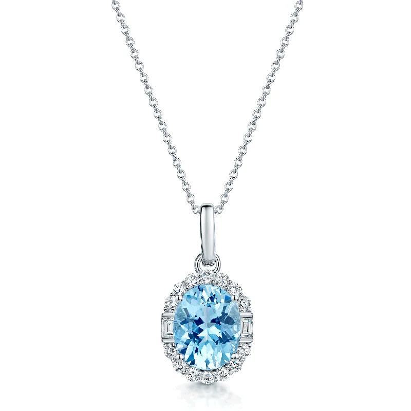 boho necklaces for women-18ct White Gold Oval Cut Aquamarine And Diamond Halo Pendant