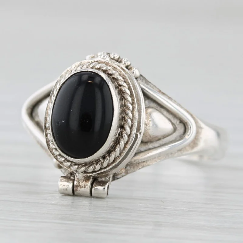 classic engagement rings for women-Black Glass Cabochon Snuff Ring Sterling Silver Size 7.5 Opens