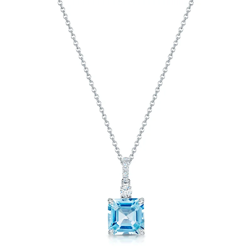 birthstone necklaces for women-18ct White Gold Square Cut Aquamarine And Diamond Pendant