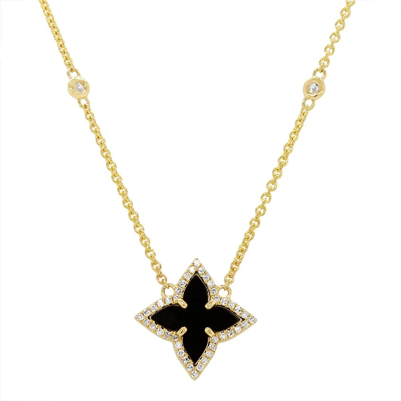 charm necklaces for women-YELLOW GOLD BLACK ONYX PENDANT WITH DIAMONDS, .20 CT TW