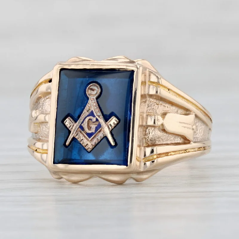 stackable engagement rings for women-Vintage Lab Created Blue Spinel Masonic Ring 10k Gold Square Compass Blue Lodge