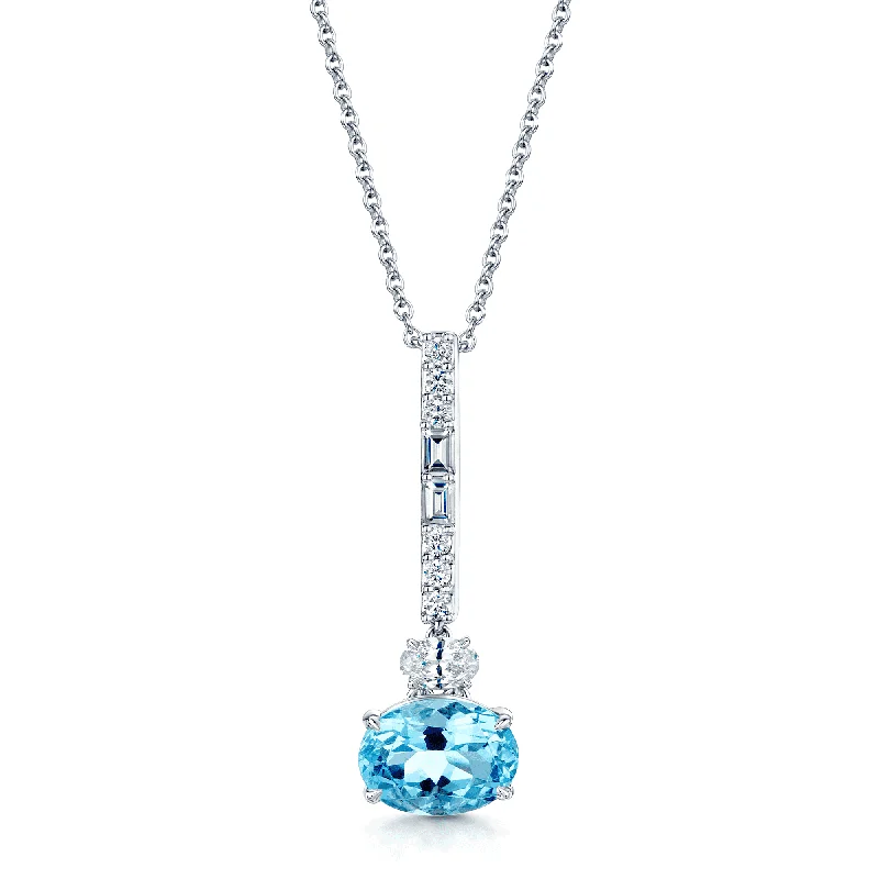 infinity necklaces for women-18ct White Gold Oval Cut Aquamarine with Oval, Brilliant & Baguette Cut Diamonds Pendant