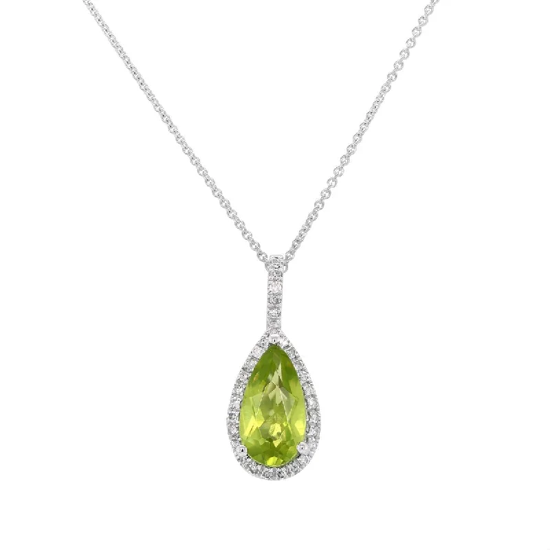 birthstone necklaces for women-WHITE GOLD PENDANT WITH OVAL PERIDOT AND DIAMOND HALO, .08 CT TW