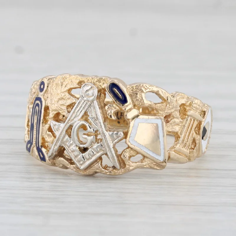 affordable engagement rings with diamonds for women-Masonic Signet Ring 10k Yellow Gold Enamel Blue Lodge Square Compass Size 11