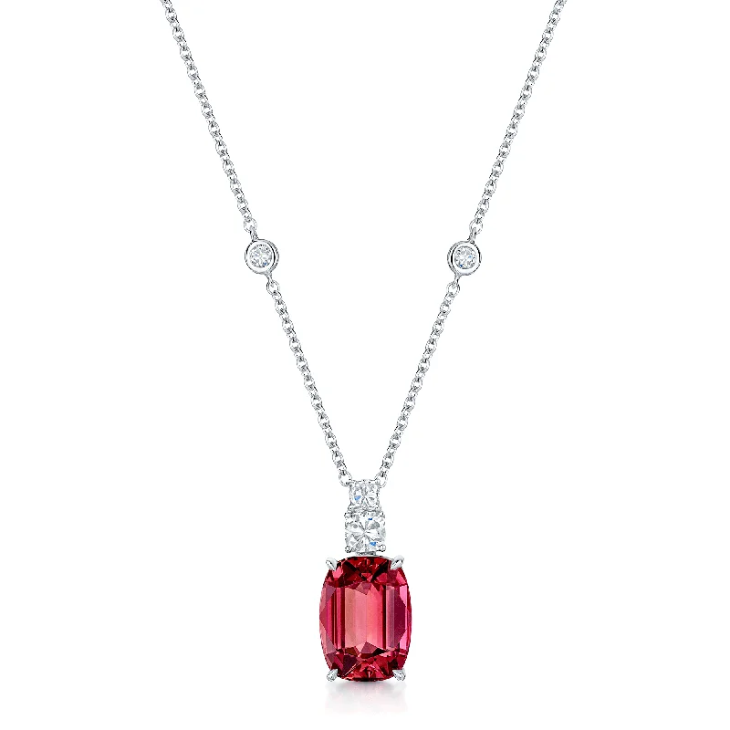 personalized bar necklaces for women-18ct White Gold Cushion Cut Pink Tourmaline And Diamond Fancy Pendant