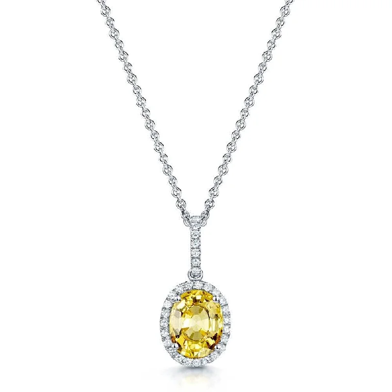 bridal necklaces for women-18ct White Gold Oval Cut Yellow Sapphire Diamond Halo Pendant