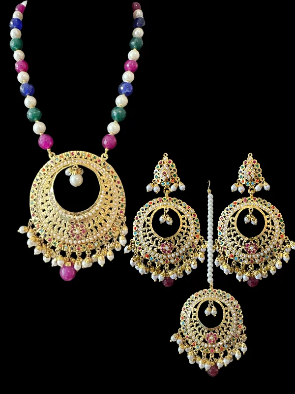 hoop earrings for women-PS522 Jadau pendant and earrings tika set in Navratan (READY TO SHIP )