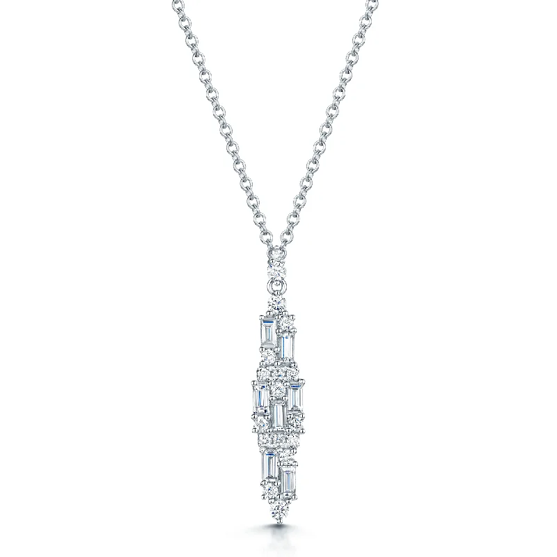 wedding necklaces for women-18ct White Gold Baguette & Round Brilliant Cut Diamond Drop Pendant