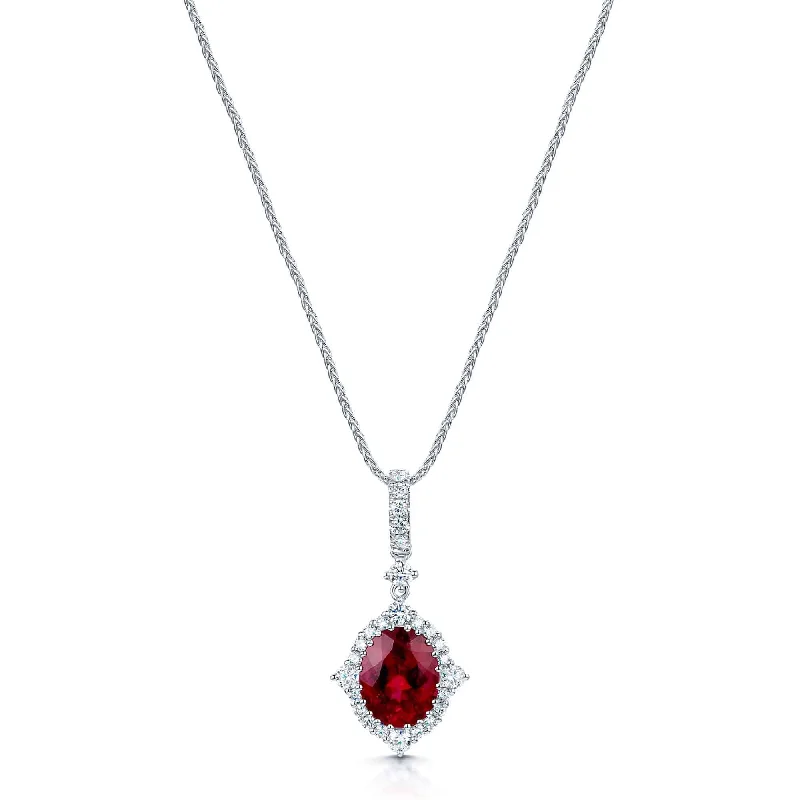 simple necklaces for women-18ct White Gold Oval Rubelite And Diamond Vintage Cluster Pendant