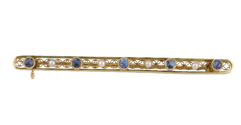 oval brooches for women-1930's Antique Art Deco 14k Yellow Gold Tanzanite Pearl Filigree Pin Brooch