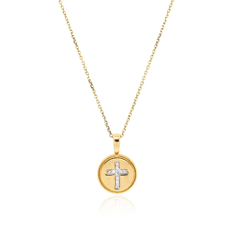 minimalist necklaces for women-YELLOW GOLD CIRCLE PENDANT WITH CROSS OF DIAMONDS, .03 CT TW