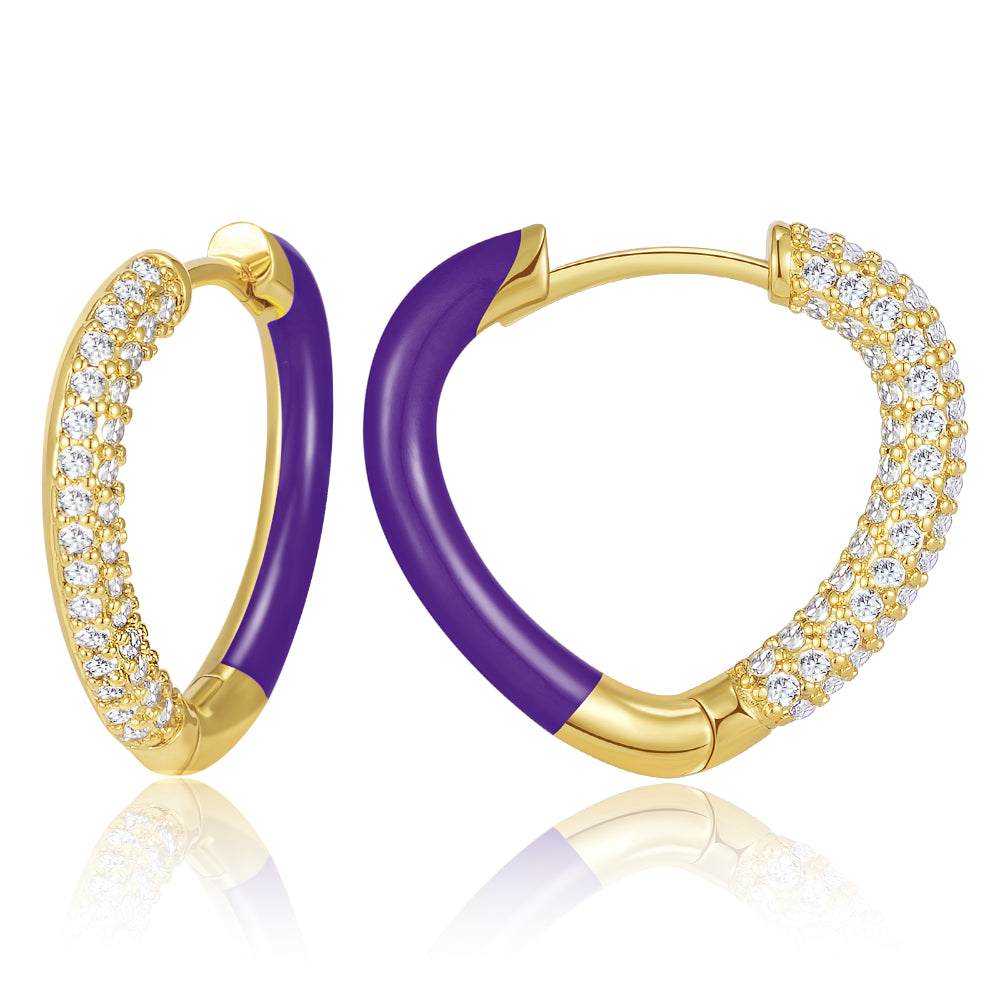 leaf-shaped earrings for women-Enamel Heart-shaped Huggie Hoop Earrings - Purple